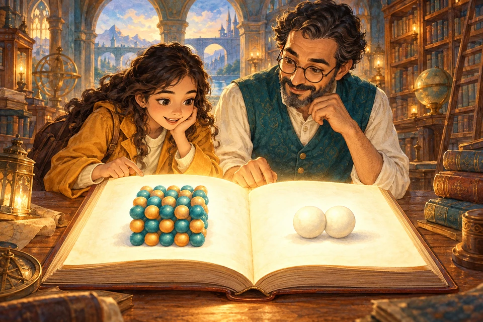Rana and Ahmed examine a glowing book with conceptual lattice and two-sphere chemistry models.