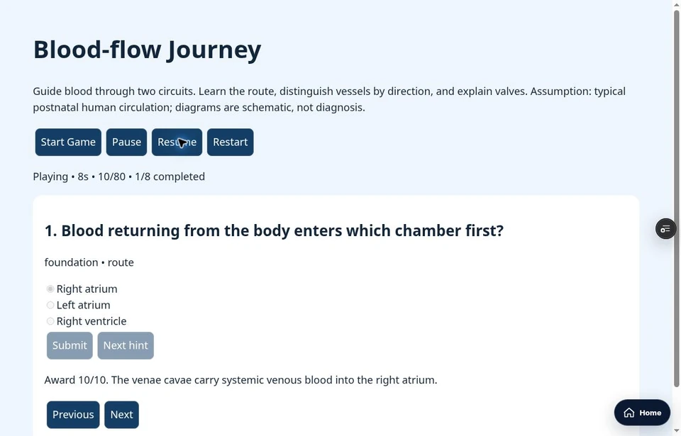 Interactive heart-learning game with answer feedback.