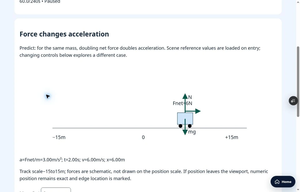 Browser whiteboard animation: forces and motion experiment.